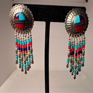 Vtg Sterling Silver  Multi Stone Dangle Earrings Tribal Style Native American